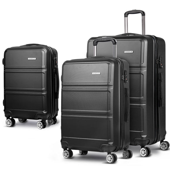 Wanderlite 3pc Luggage Trolley Set Suitcase Travel TSA Carry On Hard Case Lightweight Black - RnR Galore
