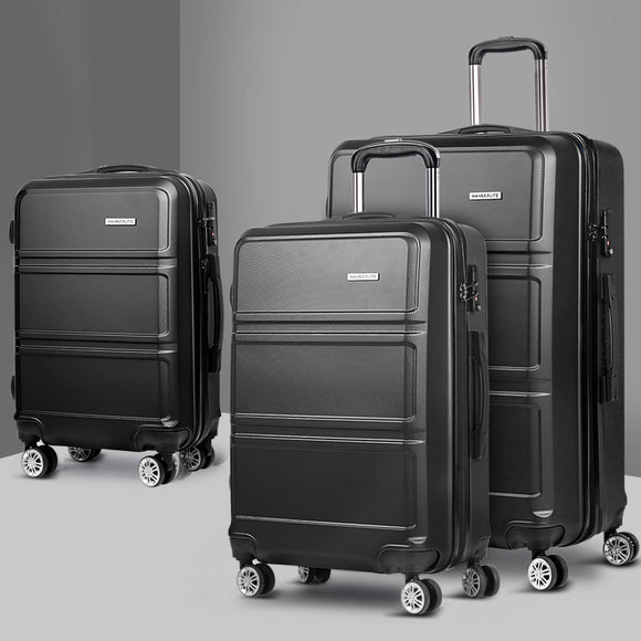 Wanderlite 3pc Luggage Trolley Set Suitcase Travel TSA Carry On Hard Case Lightweight Black - RnR Galore