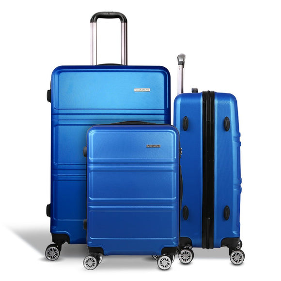 Wanderlite 3pc Luggage Trolley Set Suitcase Travel TSA Carry On Hard Case Lightweight Blue - RnR Galore