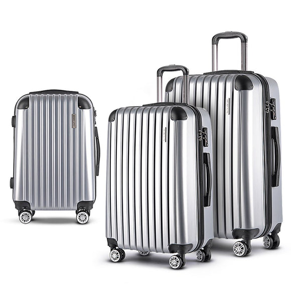 Wanderlite 3pc Luggage Trolley Travel Set Suitcase Carry On TSA Lock Hard Case Lightweight Silver - RnR Galore