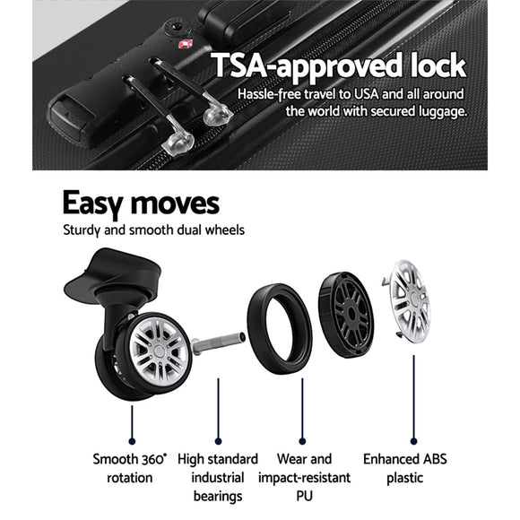 Wanderlite 3pc Luggage Trolley Travel Suitcase Set TSA Hard Case Lightweight Black - RnR Galore
