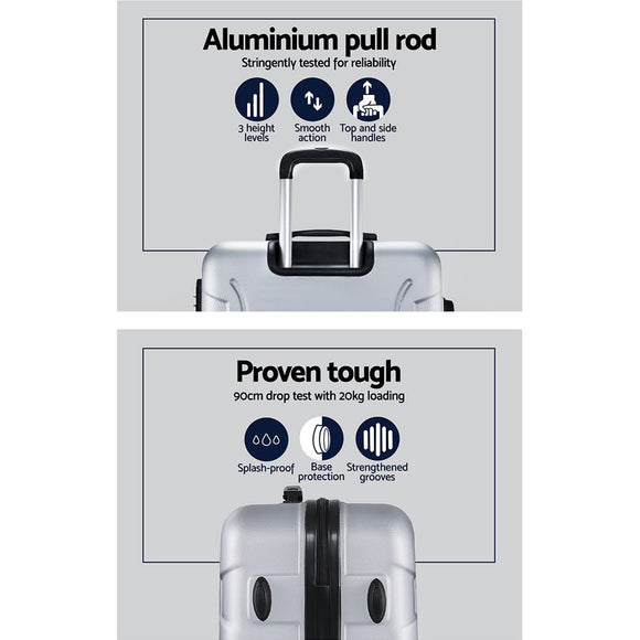 Wanderlite 3pc Luggage Trolley Travel Suitcase Set TSA Hard Case Shell Strap Silver - RnR Galore