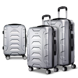 Wanderlite 3pc Luggage Trolley Travel Suitcase Set TSA Hard Case Shell Strap Silver - RnR Galore