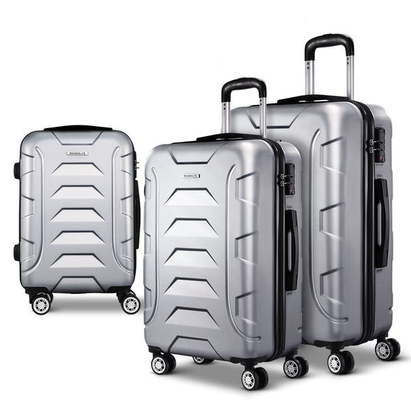 Wanderlite 3pc Luggage Trolley Travel Suitcase Set TSA Hard Case Shell Strap Silver - RnR Galore