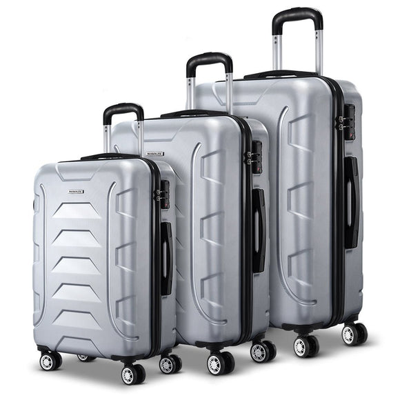 Wanderlite 3pc Luggage Trolley Travel Suitcase Set TSA Hard Case Shell Strap Silver - RnR Galore