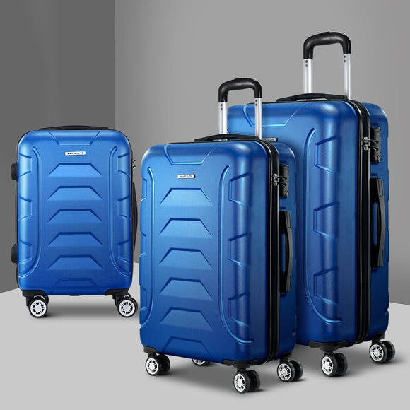Wanderlite 3pc Luggage Trolley Travel Suitcase Set TSA Hard Shell Case Strap Blue - RnR Galore