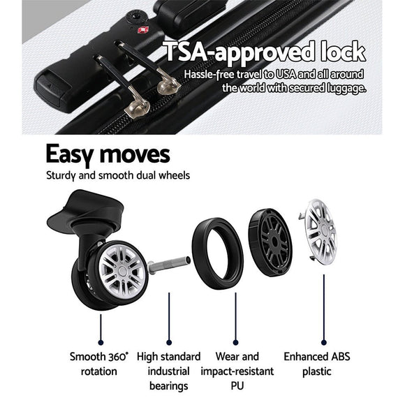 Wanderlite 3pcs Luggage Trolley Travel Suitcase Set TSA Hard Shell Case Strap White - RnR Galore