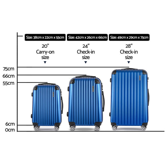 Wanderlite 3pcs LuggageTrolley Set Travel Suitcase Storage Organiser Carry On Hard Case TSA Lightweight Blue - RnR Galore