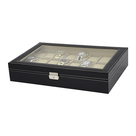 Watch Box - 24 Slot Luxury Display Case With Framed Glass Lid - RnR Galore