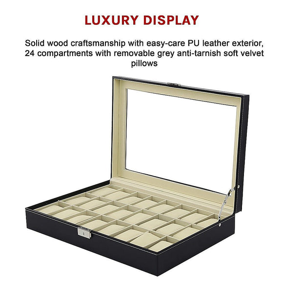 Watch Box - 24 Slot Luxury Display Case With Framed Glass Lid - RnR Galore
