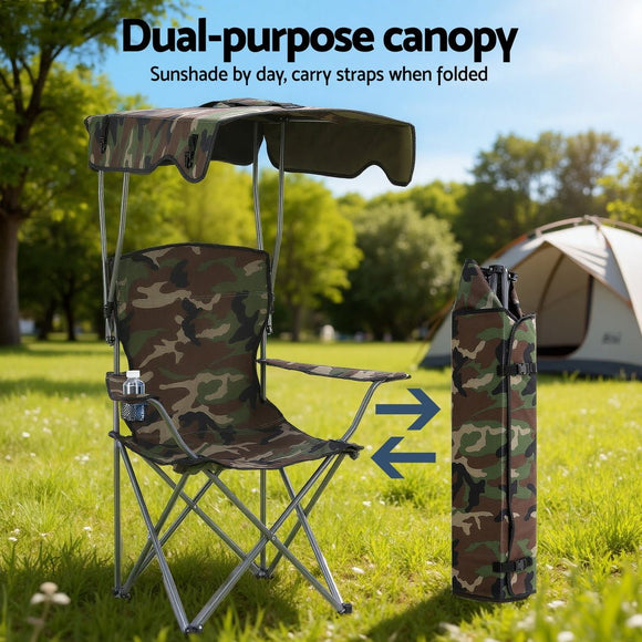 Weisshorn Camping Chair With Canopy Folding Outdoor Portable Seat Lightweight Beach Picnic Fishing Capacity 120KG Army Green - RnR Galore