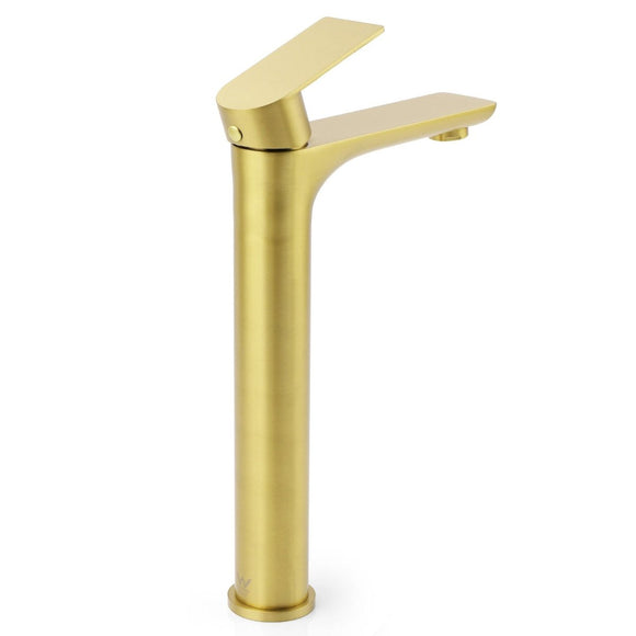 WELS Brushed Gold Round Tall Basin Mixer Bathroom Vanity Faucet Tap Lever Handle - RnR Galore