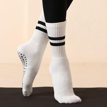 White (3 - Pack) Unisex Striped Non - Slip Grip Socks - Cotton Crew Socks for Yoga, Pilates & Home Workouts - RnR Galore