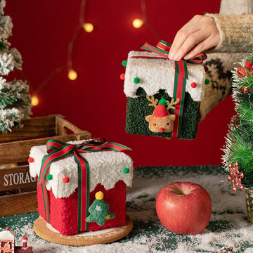 White and Green Luxe Plush Christmas Gift Box - Decorative Holiday Treat Box with Snowy Trim - RnR Galore