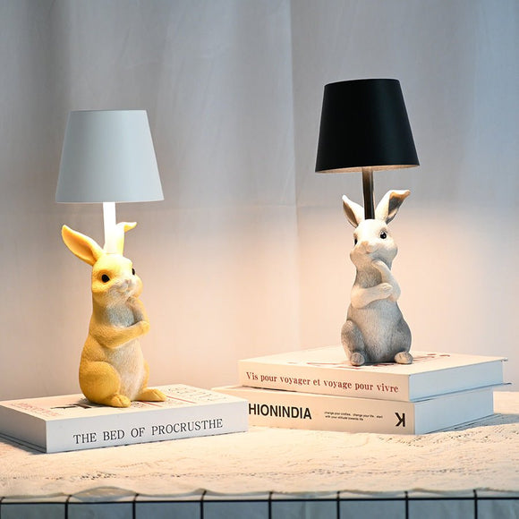 White Bunny White Lampshade Adorable Rabbit Resin Table Lamp - 3 - Color LED, USB Rechargeable, Touch Dimming - RnR Galore