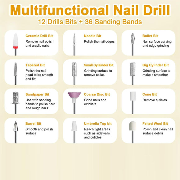 White Cordless Electric Nail Drill Kit - Portable Manicure Pedicure Polisher with 12 Bits - RnR Galore