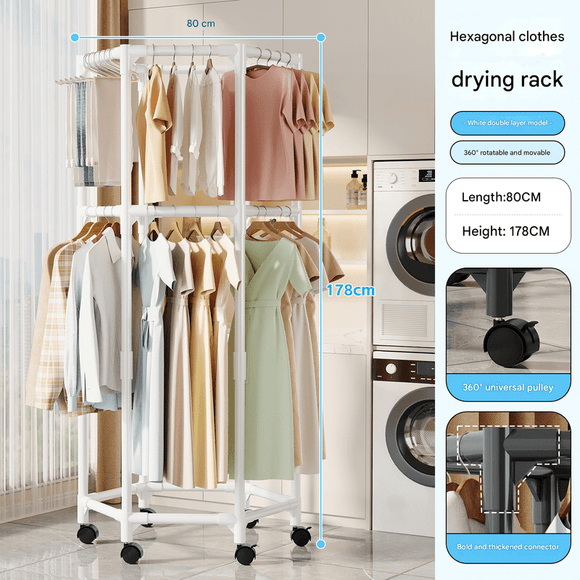 White double layer 360° Rotating Portable Garment Rack - Heavy Duty Rolling Clothes Stand with Wheels for Bedroom & Laundry - RnR Galore
