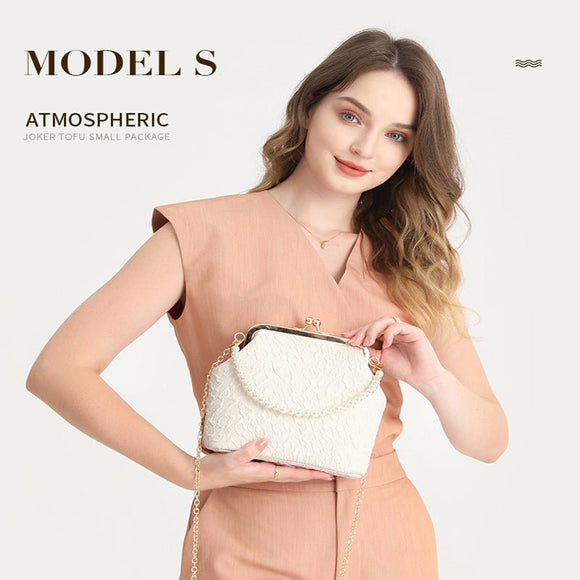 White Elegant Vintage Kiss - Lock Purse with Pearl Straps - Textured Frame Clutch Bag - RnR Galore