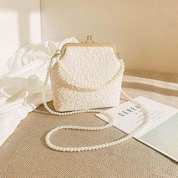 White Elegant Vintage Kiss - Lock Purse with Pearl Straps - Textured Frame Clutch Bag - RnR Galore