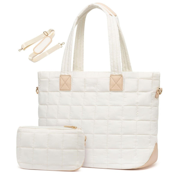 White New Large Capacity Tote Bag - Fashionable Quilted Women's Shoulder Bag and Laptop Bag - RnR Galore