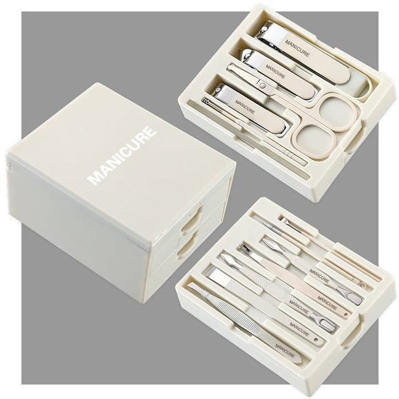 White Premium 13 - in - 1 Manicure & Grooming Kit - Professional Carbon Steel Pedicure Set with Dual - Drawer Case & Mirror - RnR Galore