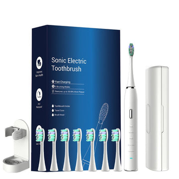 White Sonic Rechargeable Electric Toothbrush with 8 Heads & Travel Case - 5 Brushing Modes & Smart Timer(USB) - RnR Galore
