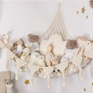 White Triangle Woven Plush Toy Corner Organizer (105x105x145cm) with octagonal beads and installation kit - Hand - woven cotton mesh toy storage hammock - RnR Galore