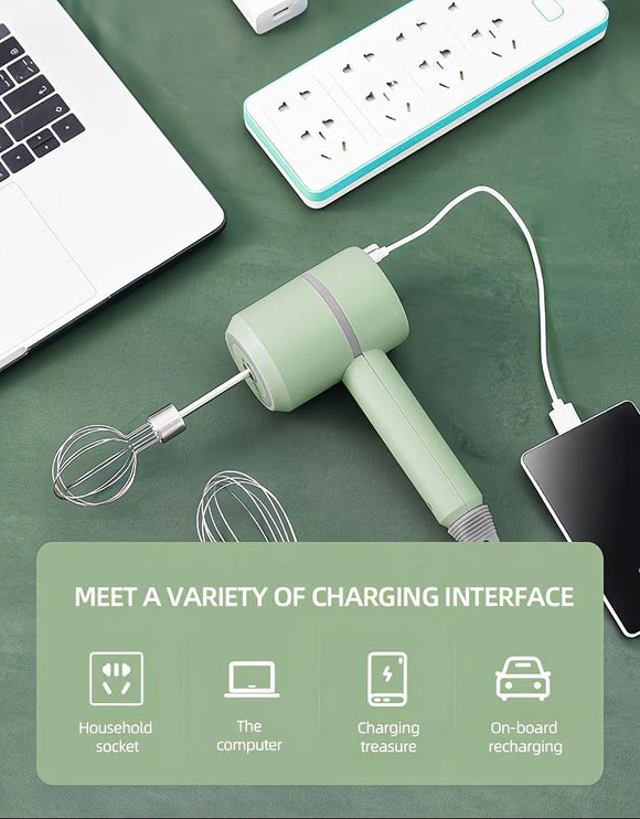 White Wireless charging handheld mixer, 30W with three - speed settings. Dual whisk heads designed for whipping eggs, cream, and batter. Suitable for both kitchen and outdoor use, also an ideal gift. - RnR Galore