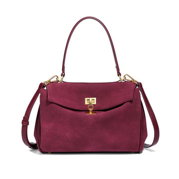 Wine Red Women's Vintage Suede Satchel Bag - Elegant Top Handle Purse with Gold Lock - RnR Galore