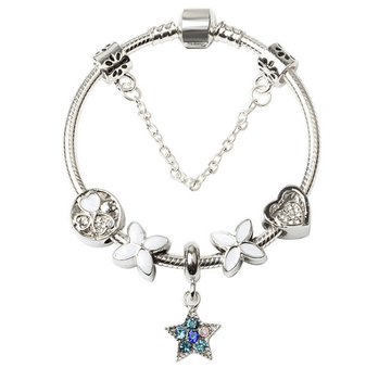 Women Silver Plated Bracelet Snake Chain with Classic Bead Barrel Clasp and Blue Star Pendant(20cm) - RnR Galore