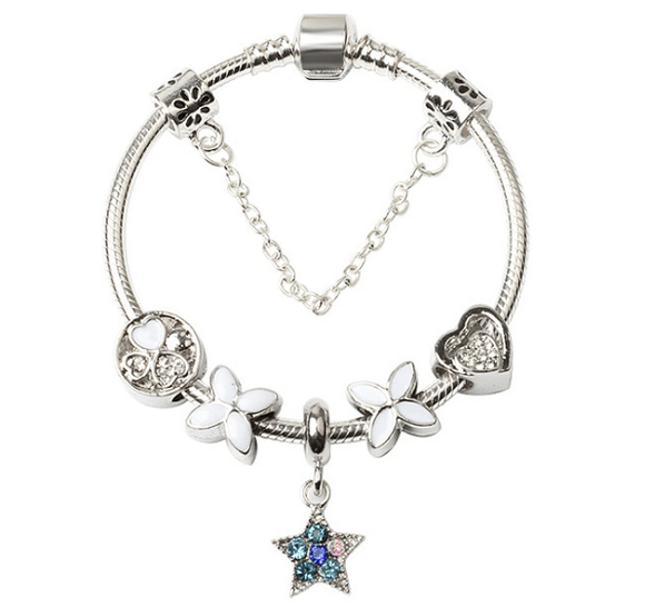 Women Silver Plated Bracelet Snake Chain with Classic Bead Barrel Clasp and Blue Star Pendant(20cm) - RnR Galore
