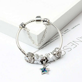 Women Silver Plated Bracelet Snake Chain with Classic Bead Barrel Clasp and Blue Star Pendant(20cm) - RnR Galore