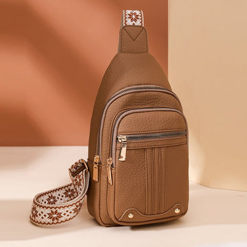 Women's Soft PU Leather Sling Bag Crossbody Chest Purse with Adjustable Boho Strap - Lightweight Multi - Pocket Shoulder Daypack for Travel & Daily Use - Khaki - RnR Galore