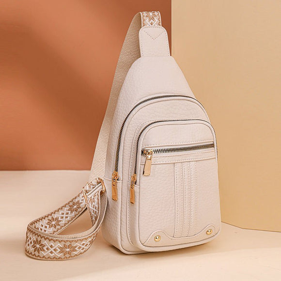 Women's Soft PU Leather Sling Bag Crossbody Chest Purse with Adjustable Boho Strap - Lightweight Multi - Pocket Shoulder Daypack for Travel & Daily Use - White - RnR Galore