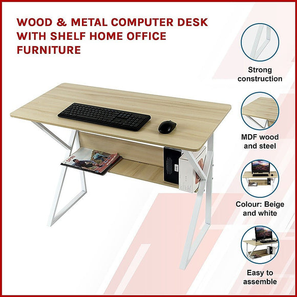 Wood & Metal Computer Desk with Shelf Home Office Furniture - RnR Galore