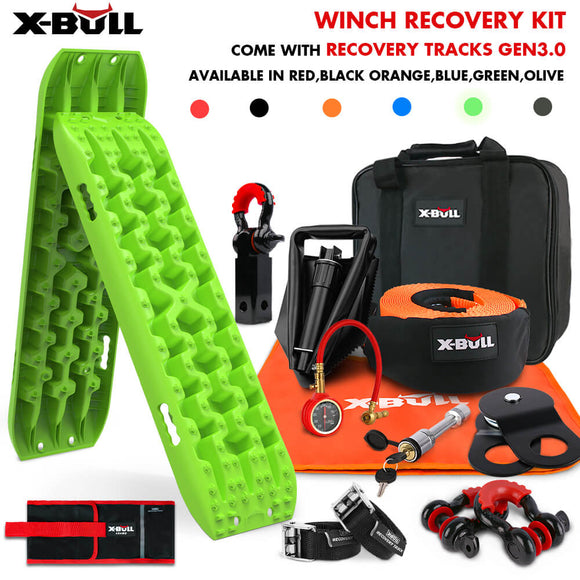 X - BULL Winch Recovery Kit with Recovery Tracks Boards Gen 3.0 Snatch Strap Off Road 4WD Green - RnR Galore