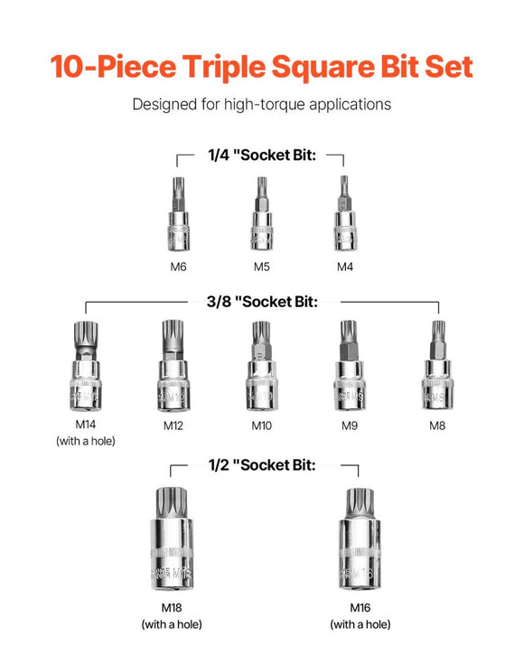 XZN Triple Square Spline Bit Socket Set 10 - Piece M4 - M18 Cr - V Steel Storage Case - RnR Galore
