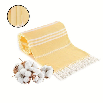 Yellow Chic Striped 100% Cotton Beach Towel with Tassels - Extra Large & Absorbent (180x90cm) - RnR Galore