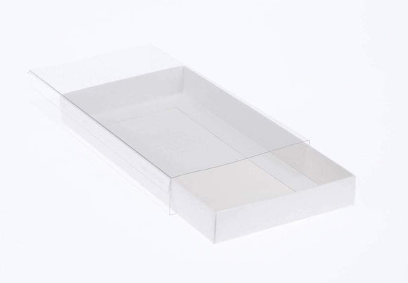 10 Pack of White Card Box - Clear Slide On Lid - 30 x 20 x 8cm - Large Beauty Product Gift Giving Hamper Tray Merch Fashion Cake Sweets Xmas - RnR Galore