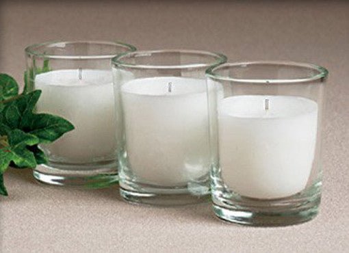 10 White Wax Clear Glass Holder Votive Candle - Wedding Event Centrepiece Table Decoration - RnR Galore