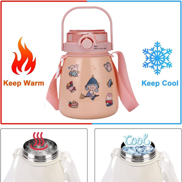 1000ml Large Water Bottle Stainless Steel Straw Water Jug with FREE Sticker Packs (Blue) - RnR Galore