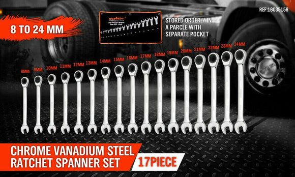 17Pc Ratchet Spanner Set Metric Combination Wrenches Open End Ring CR - V 8 - 24mm - RnR Galore