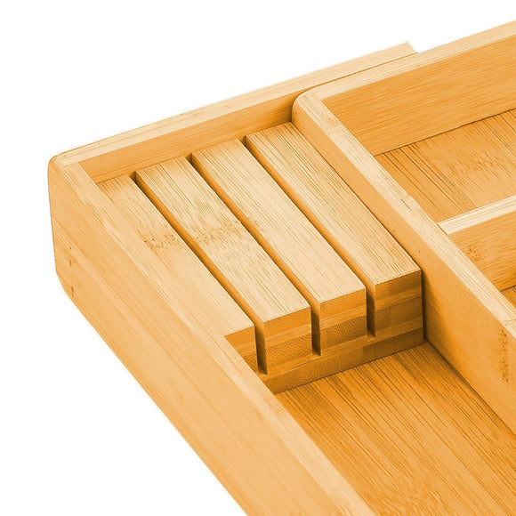 2 Pack Large Capacity Bamboo Expandable Drawer Organizer with Knife Block Holder for Home Kitchen Utensils - RnR Galore
