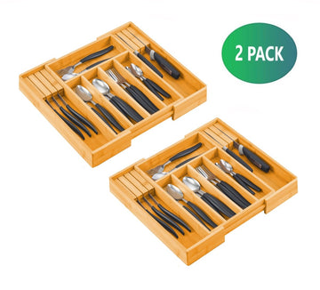 2 Pack Large Capacity Bamboo Expandable Drawer Organizer with Knife Block Holder for Home Kitchen Utensils - RnR Galore