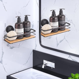 2 Pack Rectangular Bamboo Corner Shower Caddy Shelf Basket Rack with Premium Vacuum Suction Cup No - Drilling for Bathroom and Kitchen - RnR Galore