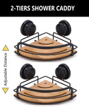 2 Pack Round Bamboo Corner Shower Caddy Shelf Basket Rack with Premium Vacuum Suction Cup No - Drilling for Bathroom and Kitchen - RnR Galore