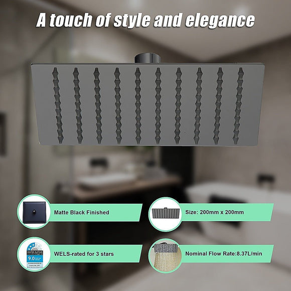 200mm Shower Head Square 304SS Electroplated Matte Black Finish - RnR Galore