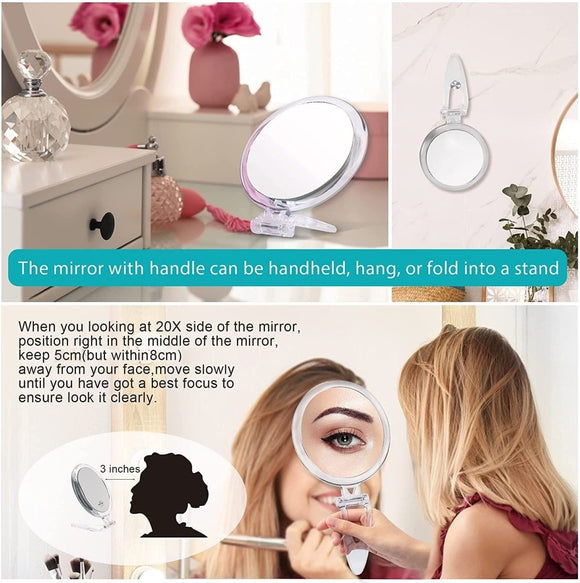 20X Magnifying Hand Mirror Two Sided Use for Makeup Application, Tweezing, and Blackhead/Blemish Removal (15 cm) - RnR Galore