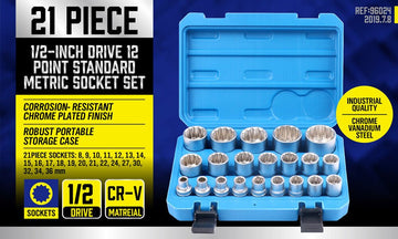 21Pc 12 - Point Socket Set 1/2 - inch Drive Grip Sleeve Storage Case Metric 8mm - 36mm - RnR Galore