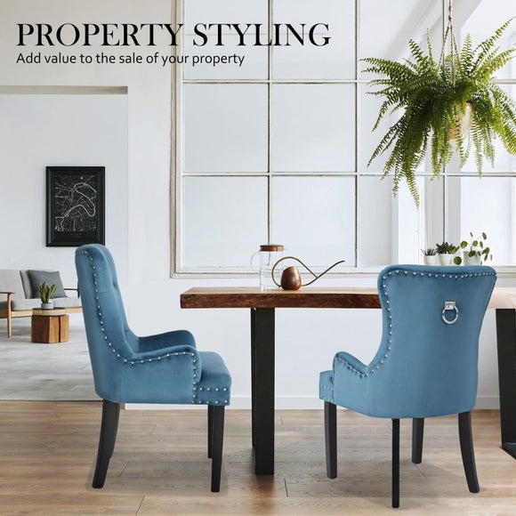2X French Provincial Dining Chair Ring Studded Velvet Rubberwood Leg LISSE NAVY BLUE - RnR Galore